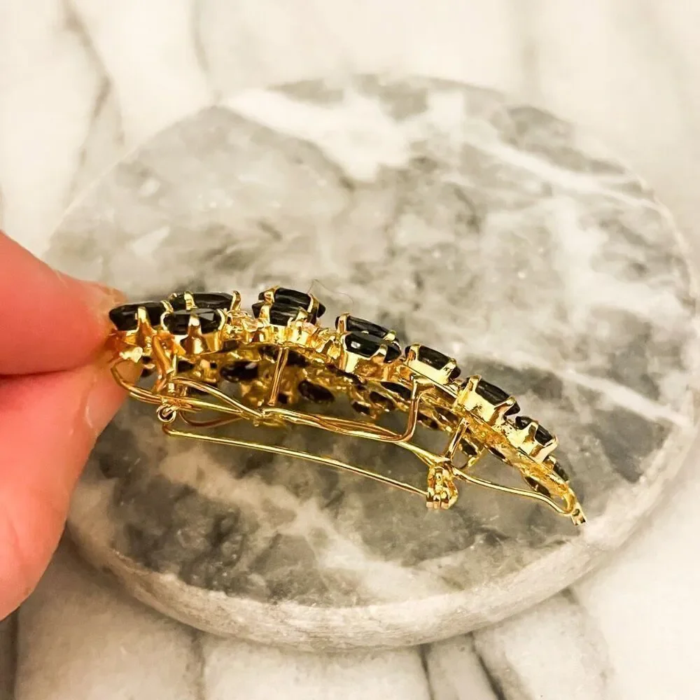Vintage Black Crystal Spray Brooch Pin‎ Gold Toned Metal Prong Set Clear Accent